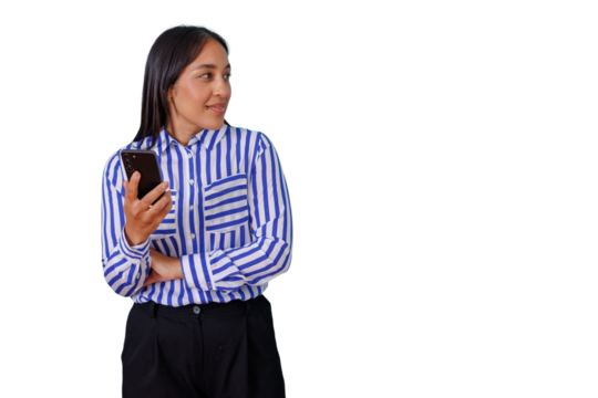 Smiling businesswoman holding smartphone looking away, thinking or planning on transparent background, copy space mockup