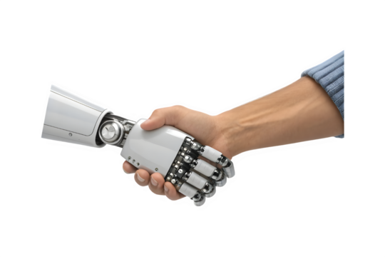 Human hand shaking a robotic hand isolated on transparent background