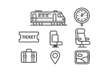Collection of railway journey and transportation line icons for travel