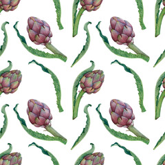 Watercolor Artichoke and Leaf Seamless Pattern
