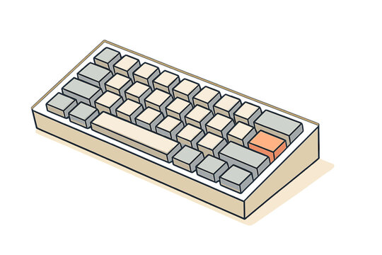 Compact mechanical keyboard in isometric view with beige and gray keys