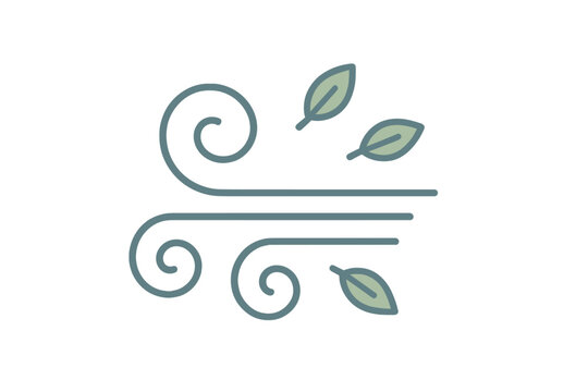 Stylized wind icon with swirling motion lines blowing small leaves