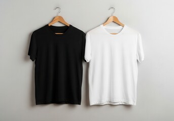 Two plain t shirts one black and one white hanging on hangers