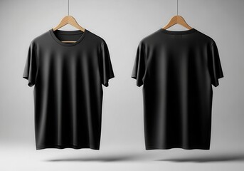 Plain black t shirts displayed front and back on hangers