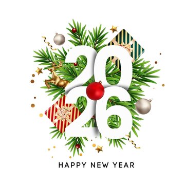 Happy New Year 2026 Minimalist Design: White Typography, Christmas Fir Branches, Golden Reindeer, and Gift Boxes on a Clean White Background.