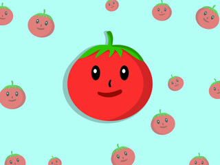 Cute cartoon tomato with a smiling face on a seamless pattern background. Bright and playful fruit illustration perfect for kids content, healthy food themes, packaging, and digital design projects.