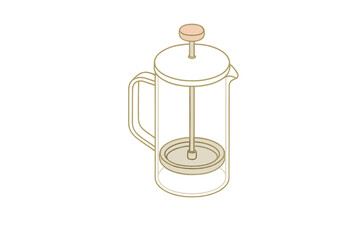 Simple isometric outline coffee press for brewing hot beverages