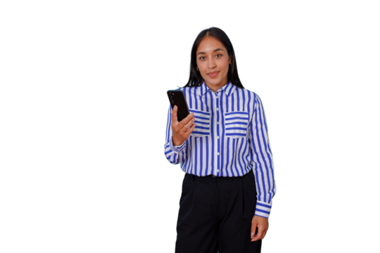 Young asian businesswoman smiling, holding a mobile phone, and standing against a transparent background