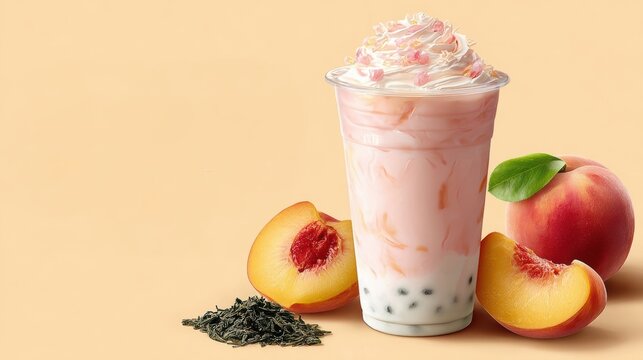 Refreshing peach bubble tea with tapioca pearls topped with whipped cream alongside fresh peach slices and tea leaves on a light background