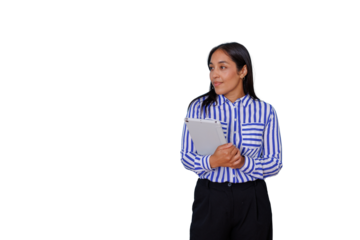 Businesswoman standing, holding a tablet, looking away with a thoughtful expression, transparent background