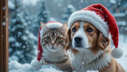 A small brown tabby cat and a beagle dog wearing red Santa hats sit in the snow. Pine trees are visible in the background, creating a festive winter scene.