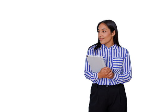 Businesswoman standing, holding a tablet, looking away with a thoughtful expression, transparent background - Powered by Adobe