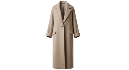 Elegant and timeless beige long coat for women, perfect for autumn and winter fashion, showcasing classic style and comfortable apparel for daily wear and formal isolated on a transparent background