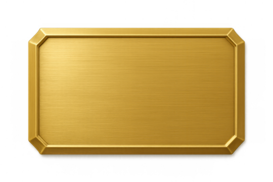 Golden brushed metal plaque, blank award nameplate template with rounded frame corners, transparent background