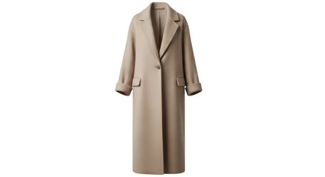 Elegant and timeless beige long coat for women, perfect for autumn and winter fashion, showcasing classic style and comfortable apparel for daily wear and formal isolated on a transparent background