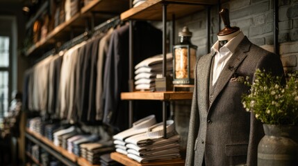 Tailored Suit Display in Stylish Boutique Interior with Warm Light