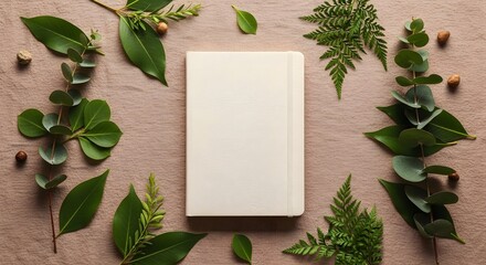 Top view flat lay of a blank notebook mockup framed by fresh green leaves, eucalyptus, and fern on a calm fabric background