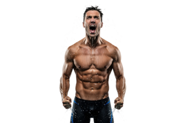 Wet muscular athlete shouting with intense emotion and power