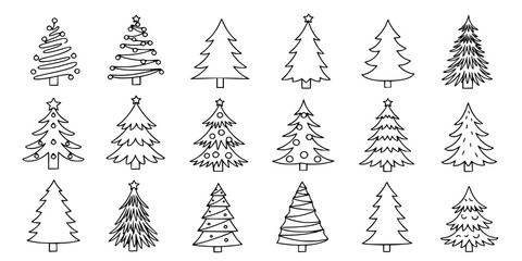 
Doodle christmas tree. Xmas fir simple black silhouette, winter holiday pine, New Year outline decoration for greeting card. Abstract doodle drawing woods. Vector isolated se