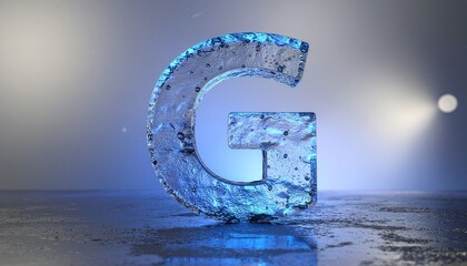 Shiny frozen letter g under spotlight, suitable for winterthemed designs, education materials, and typography projects. Ideal for logos and banners.