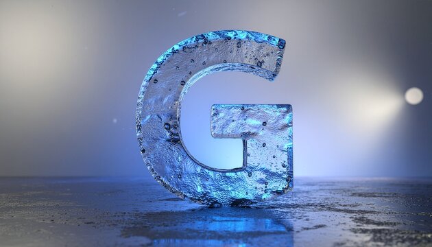 Shiny frozen letter g under spotlight, suitable for winterthemed designs, education materials, and typography projects. Ideal for logos and banners.