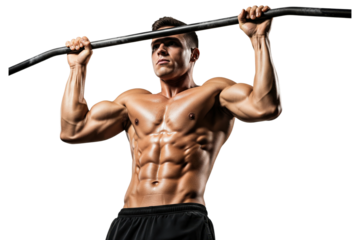 Shirtless muscular man with six-pack abs holding a pull-up position on a bar