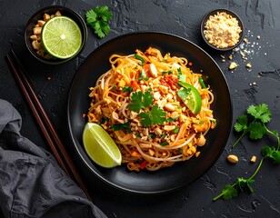 Stir-fried noodle dish served on a black plate with lime and peanuts garnished with fresh herbs