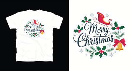 Festive merry holiday t shirt graphic adorned with sleigh bells snowflakes leaves holly berries and elegant typography ideal for apparel and spirited greetings showcasing seasonal cheer
