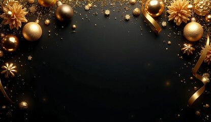 Matte Black Christmas Background with Golden Baubles, Ribbons, and Metallic Sparkles — Luxury Holiday Banner Ultra-HD