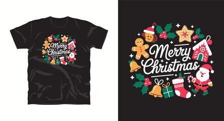 Greeting season design featuring gingerbread character festive ornament and handwritten text saying merry season creating joyful atmosphere for apparel vector illustration