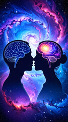 Silhouettes of brains merged in space representing connection and thought