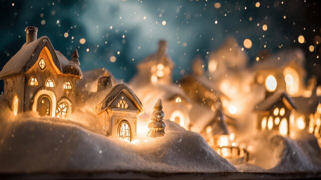 Snowy Christmas village glowing with holiday lights and winter magic atmosphere.
