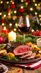 Festive roasted meat with potatoes wine and candles against a blurred backdrop