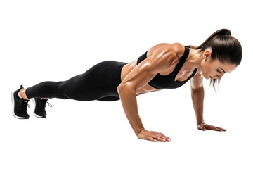 Muscular woman in black sportswear doing a push-up exercise, side view