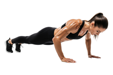 Muscular woman in black sportswear doing a push-up exercise, side view