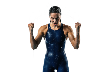 Female swimmer in a swimsuit celebrating a victory with a powerful shout