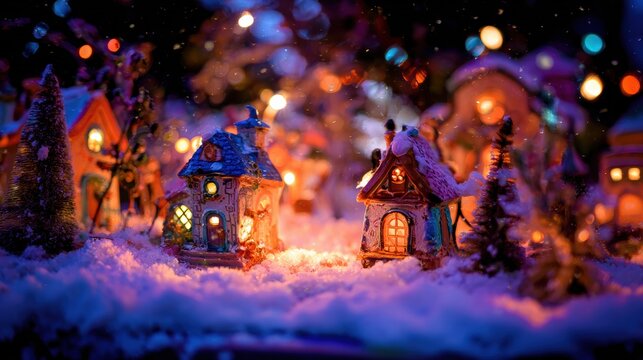 Snowy Christmas village glowing with holiday lights and winter magic atmosphere.