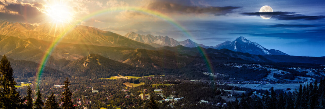 panorama of Mountain range on summer solstice. day and night time change concept. village in the valley with sun and moon. clouds on the sky and rolling hills. duality and transition template