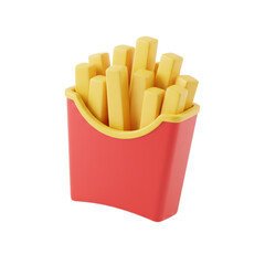 A stylized 3D icon of delicious golden french fries in a classic red carton, representing a popular fast food snack, isolated on a white background