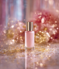 Pink serum bottle with golden glitter and bokeh reflecting celebration