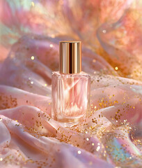 Pink serum bottle with golden glitter and bokeh reflecting celebration