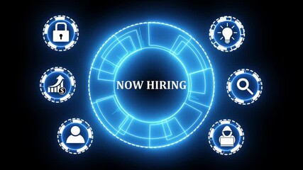 Business, Technology, Internet and network concept. NOW HIRING inscription, modern technology business concept. glowing animation.