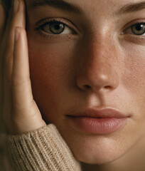 Beautiful young woman in beige knitwear sweater