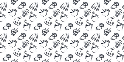 Seamless winter pattern with hand-drawn mugs, hats, and socks in  Scandinavian line art style. Perfect for Christmas wrapping paper, fabric, wallpaper, and seasonal crafts. Warm and charming 