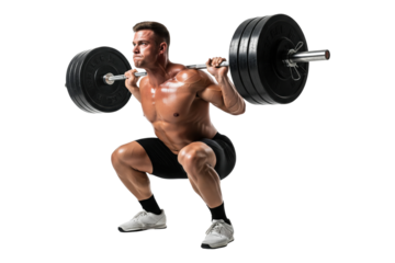 Shirtless powerlifter doing a very heavy barbell squat with intense effort