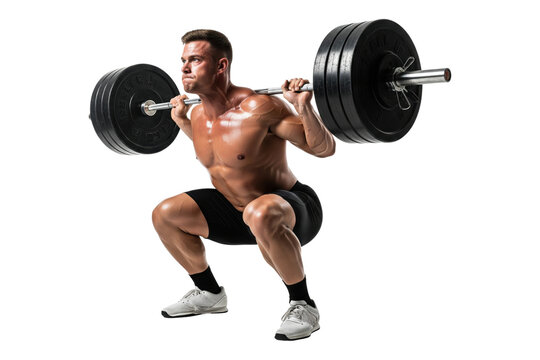 Shirtless powerlifter doing a very heavy barbell squat with intense effort