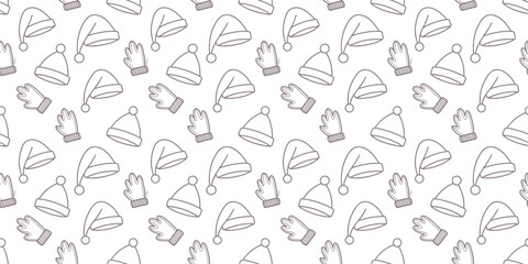  Winter Hat and Mitten Seamless Pattern Background – Hand Drawn Line Art Christmas Textile, Holiday Wrapping Paper, Fabric Design, and Warm Seasonal Illustration