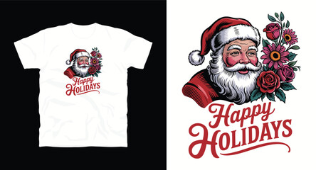 Happy holidays design for t shirt print or sublimation vintage holiday santa claus with flowers vector graphic artistic artwork festive element red color floral design