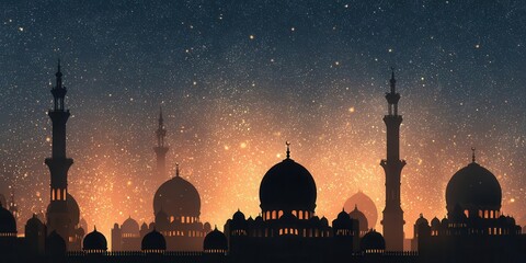 Silhouette Mosque Skyline Against a Starry Sky Background