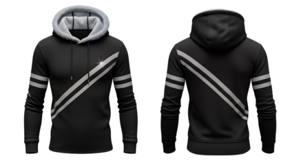 Black hoodie with grey stripes on the sleeves and a V-shaped design on the chest, front and back view isolated on a transparent background